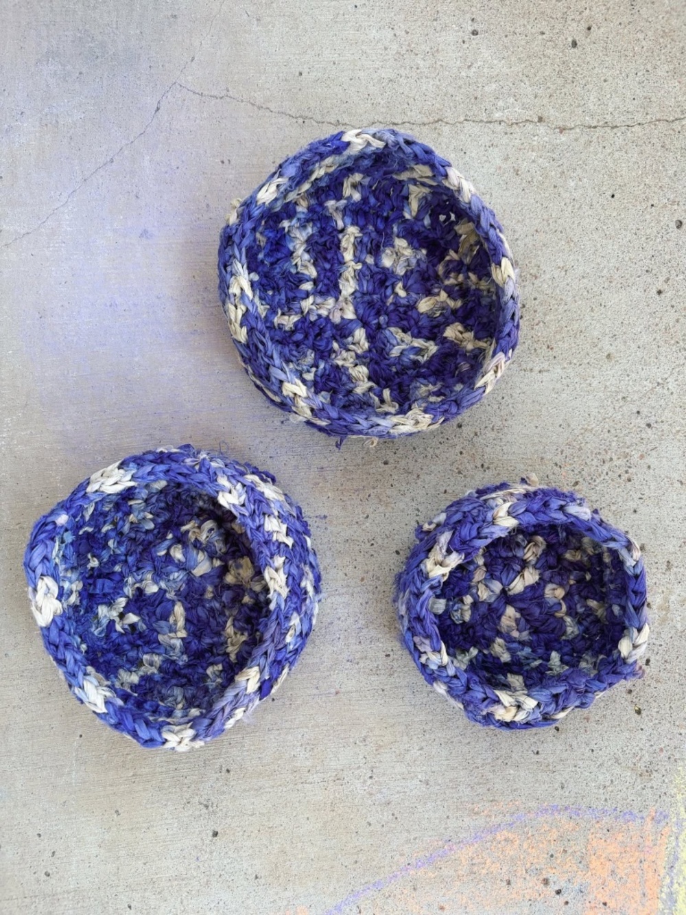Handmade Crochet Nesting Baskets - Up-Cycled Sari Silk in Purple and White